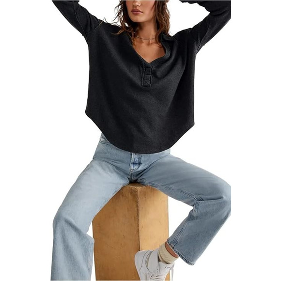 We The Free People Anakin Thermal Top Small Faded Black Slouchy Boho Grunge - Picture 3 of 9